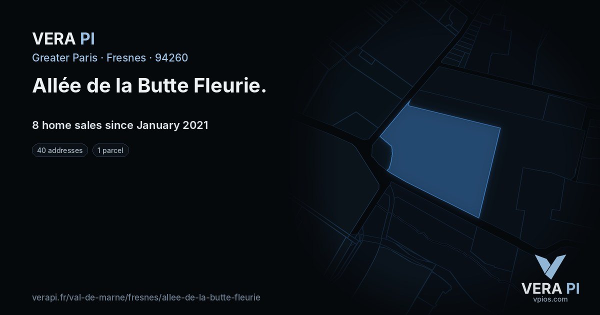 Allée de la Butte Fleurie, Fresnes at night – every parcel coloured by the prices around it, the street's own parcels lit