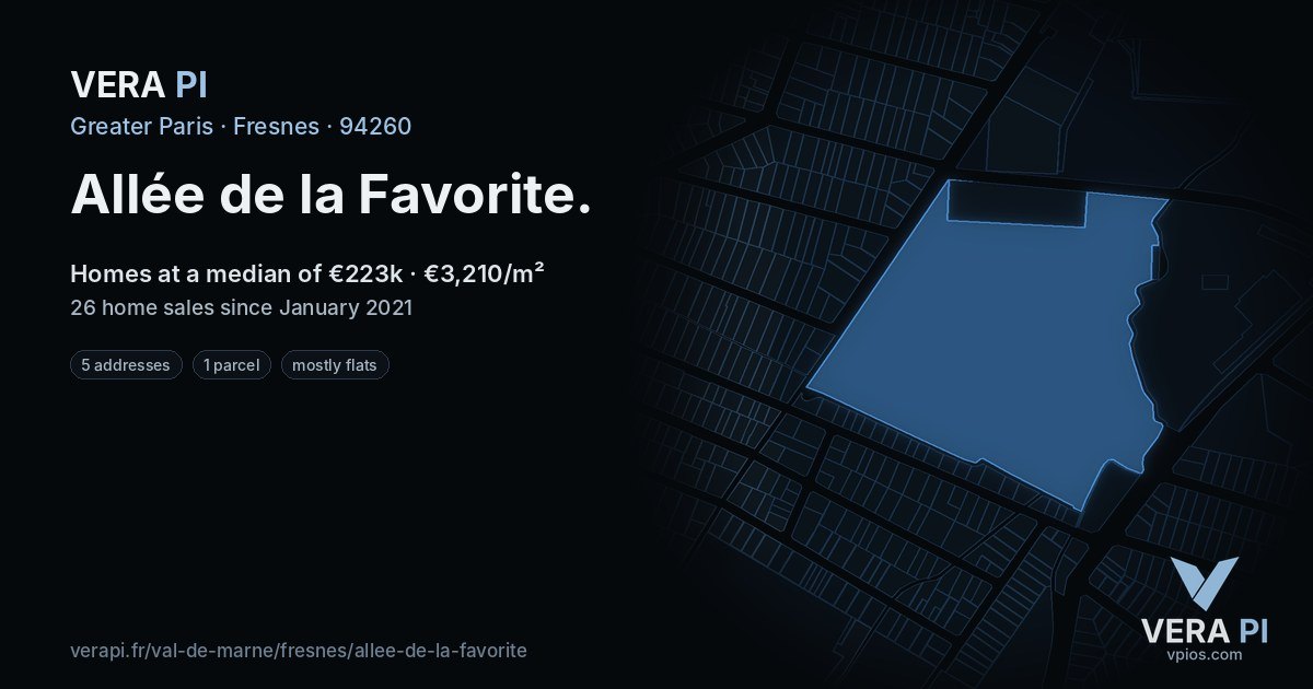 Allée de la Favorite, Fresnes at night – every parcel coloured by the prices around it, the street's own parcels lit