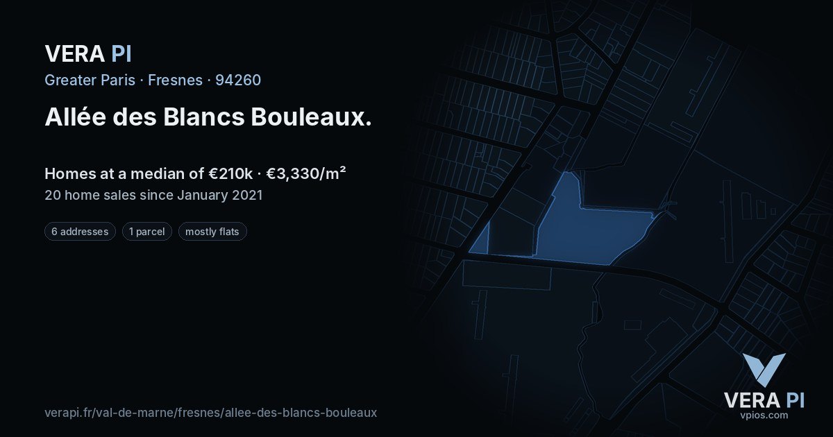 Allée des Blancs Bouleaux, Fresnes at night – every parcel coloured by the prices around it, the street's own parcels lit