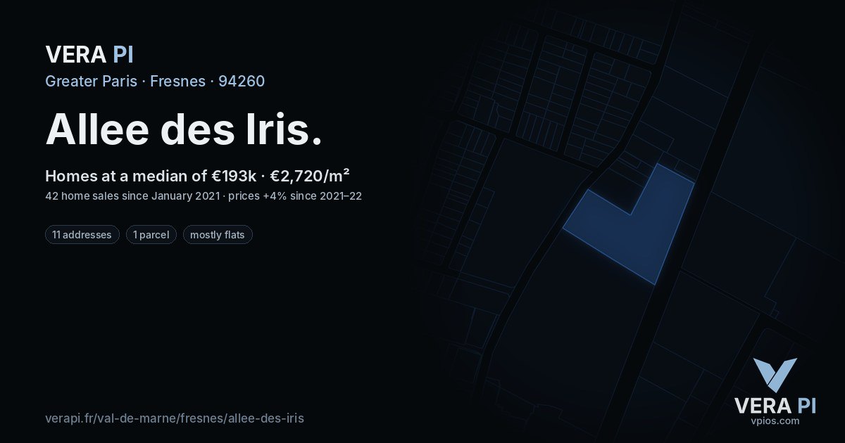 Allee des Iris, Fresnes at night – every parcel coloured by the prices around it, the street's own parcels lit