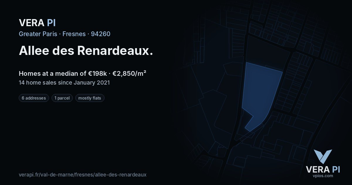 Allee des Renardeaux, Fresnes at night – every parcel coloured by the prices around it, the street's own parcels lit