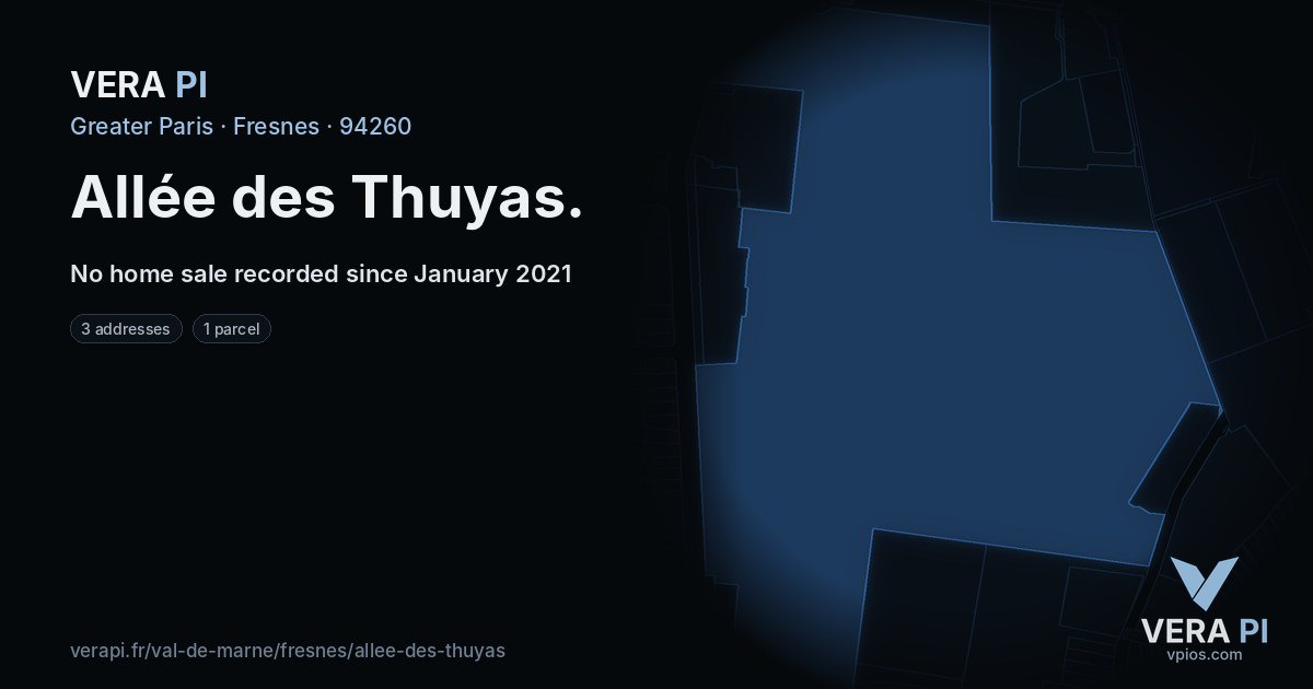 Allée des Thuyas, Fresnes at night – every parcel coloured by the prices around it, the street's own parcels lit