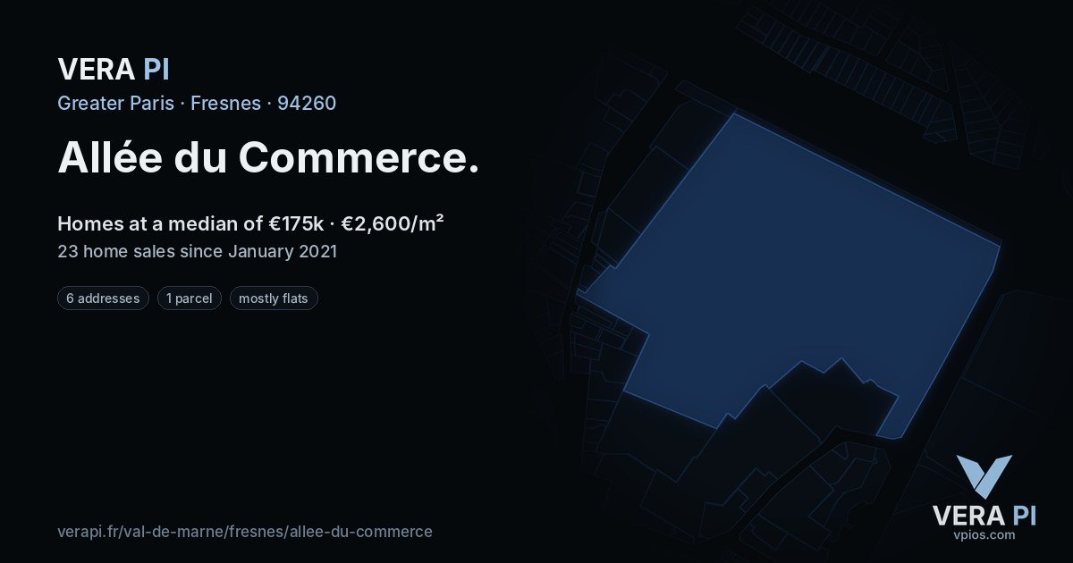 Allée du Commerce, Fresnes at night – every parcel coloured by the prices around it, the street's own parcels lit