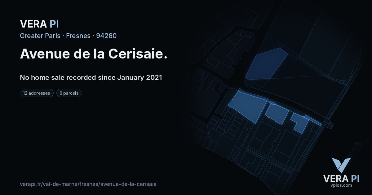Avenue de la Cerisaie, Fresnes at night – every parcel coloured by the prices around it, the street's own parcels lit