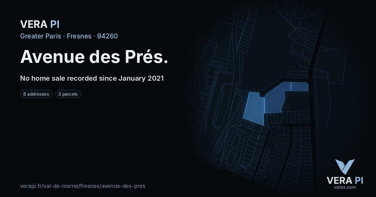 Avenue des Prés, Fresnes at night – every parcel coloured by the prices around it, the street's own parcels lit