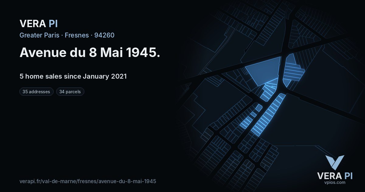 Avenue du 8 Mai 1945, Fresnes at night – every parcel coloured by the prices around it, the street's own parcels lit