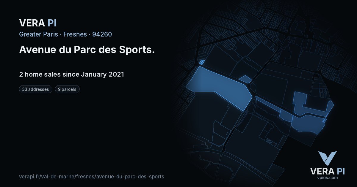 Avenue du Parc des Sports, Fresnes at night – every parcel coloured by the prices around it, the street's own parcels lit