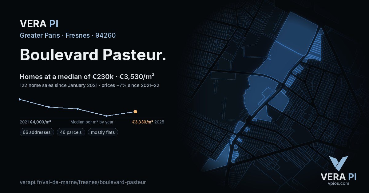 Boulevard Pasteur, Fresnes at night – every parcel coloured by the prices around it, the street's own parcels lit