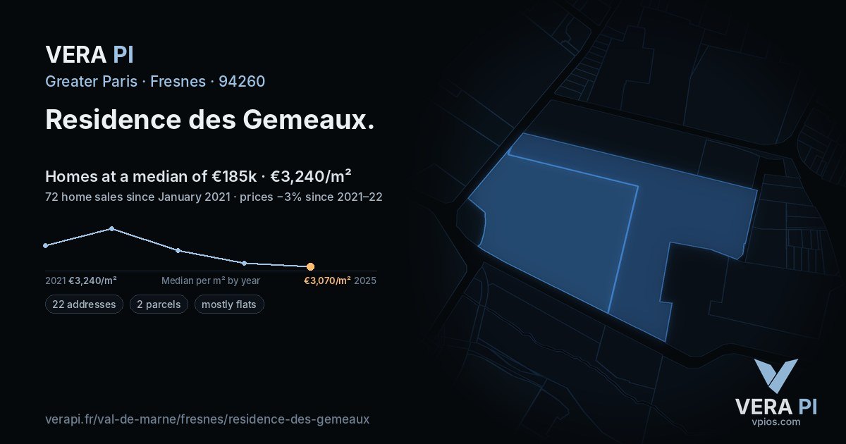 Residence des Gemeaux, Fresnes at night – every parcel coloured by the prices around it, the street's own parcels lit