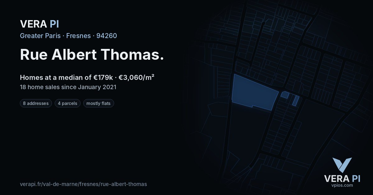 Rue Albert Thomas, Fresnes at night – every parcel coloured by the prices around it, the street's own parcels lit