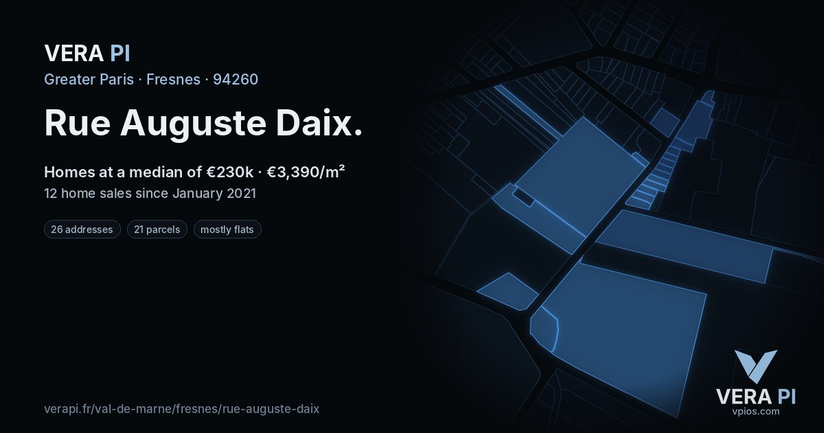 Rue Auguste Daix, Fresnes at night – every parcel coloured by the prices around it, the street's own parcels lit
