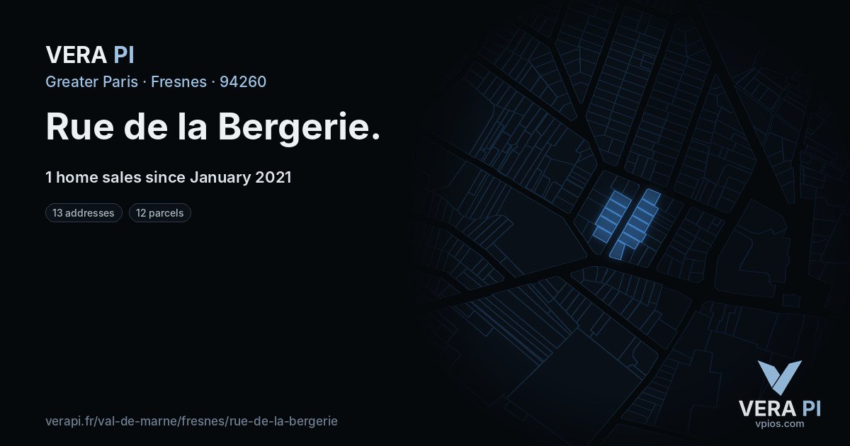 Rue de la Bergerie, Fresnes at night – every parcel coloured by the prices around it, the street's own parcels lit