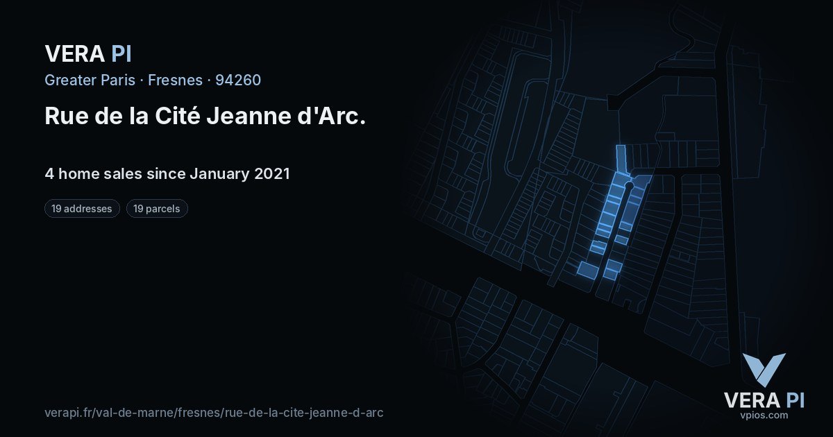 Rue de la Cité Jeanne d'Arc, Fresnes at night – every parcel coloured by the prices around it, the street's own parcels lit