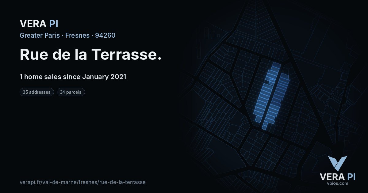 Rue de la Terrasse, Fresnes at night – every parcel coloured by the prices around it, the street's own parcels lit