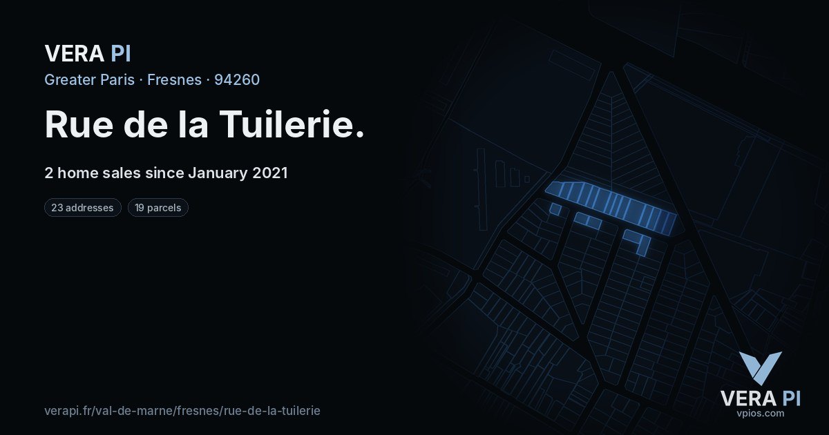 Rue de la Tuilerie, Fresnes at night – every parcel coloured by the prices around it, the street's own parcels lit