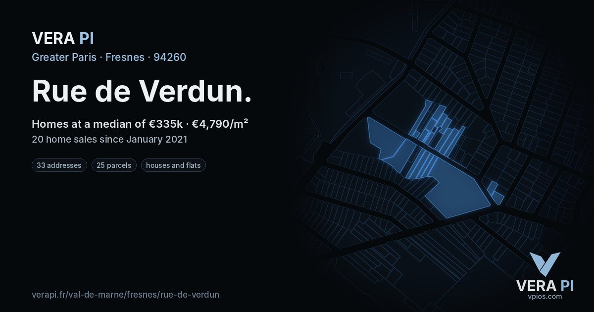Rue de Verdun, Fresnes at night – every parcel coloured by the prices around it, the street's own parcels lit