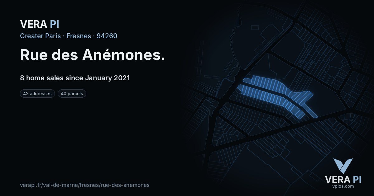 Rue des Anémones, Fresnes at night – every parcel coloured by the prices around it, the street's own parcels lit