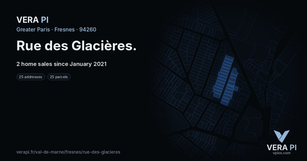 Rue des Glacières, Fresnes at night – every parcel coloured by the prices around it, the street's own parcels lit