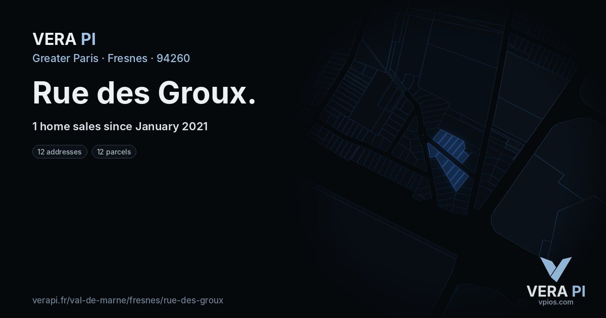 Rue des Groux, Fresnes at night – every parcel coloured by the prices around it, the street's own parcels lit