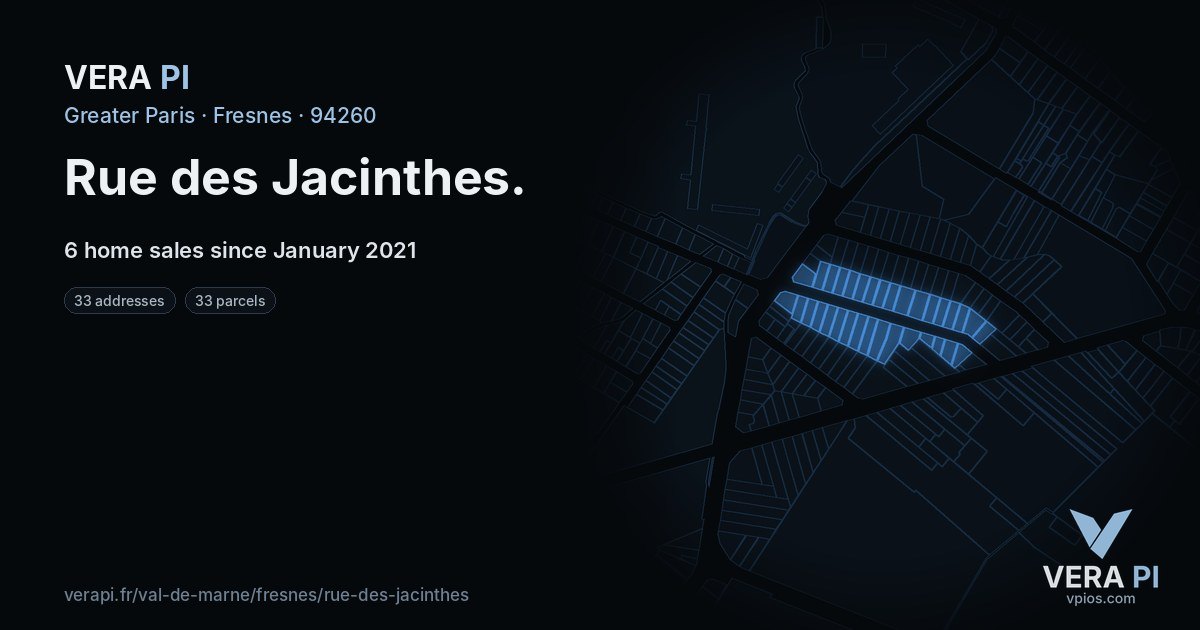 Rue des Jacinthes, Fresnes at night – every parcel coloured by the prices around it, the street's own parcels lit