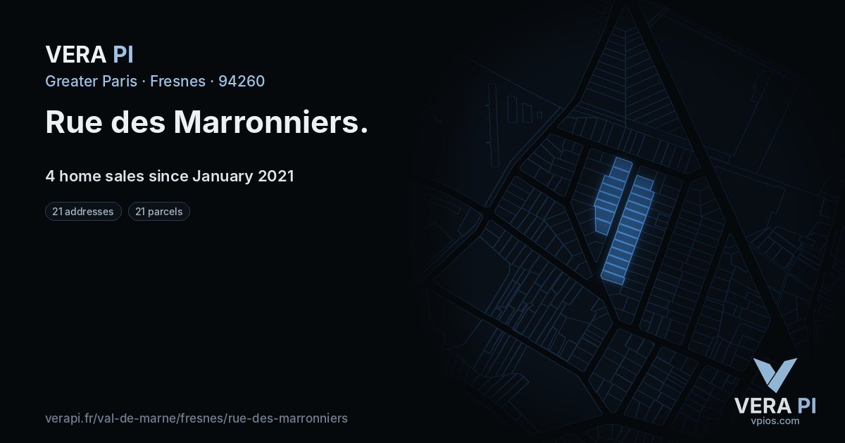 Rue des Marronniers, Fresnes at night – every parcel coloured by the prices around it, the street's own parcels lit