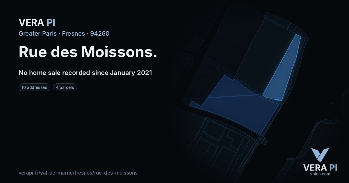Rue des Moissons, Fresnes at night – every parcel coloured by the prices around it, the street's own parcels lit