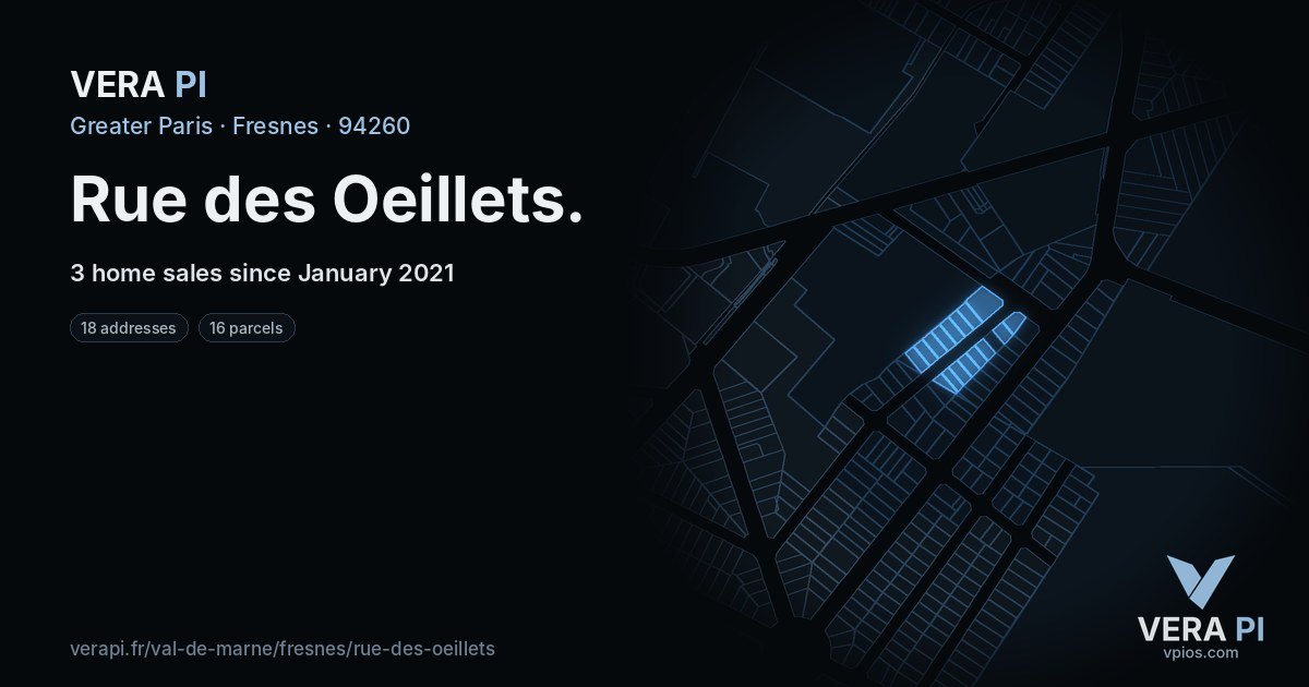 Rue des Oeillets, Fresnes at night – every parcel coloured by the prices around it, the street's own parcels lit