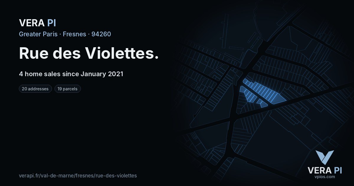 Rue des Violettes, Fresnes at night – every parcel coloured by the prices around it, the street's own parcels lit