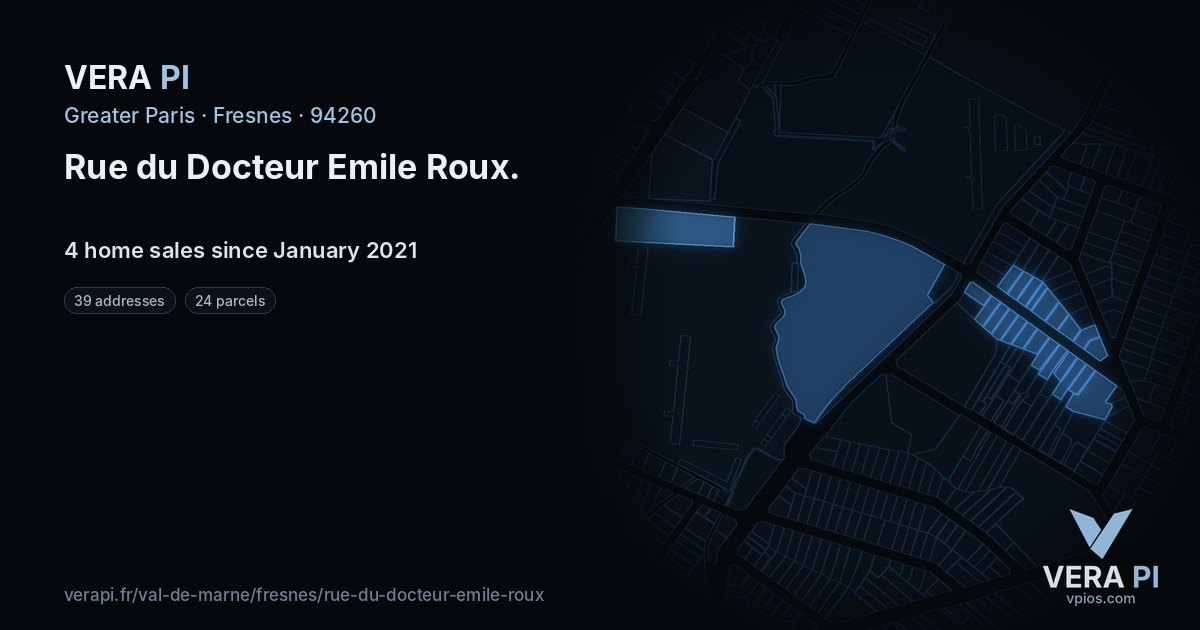 Rue du Docteur Emile Roux, Fresnes at night – every parcel coloured by the prices around it, the street's own parcels lit