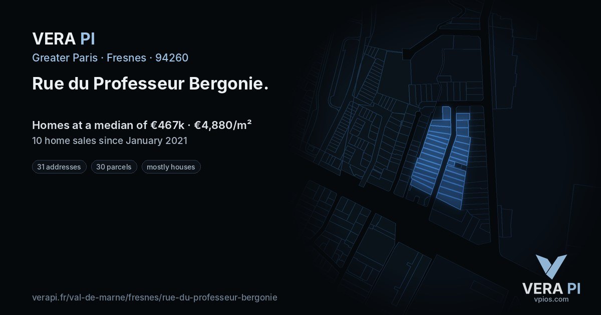 Rue du Professeur Bergonie, Fresnes at night – every parcel coloured by the prices around it, the street's own parcels lit