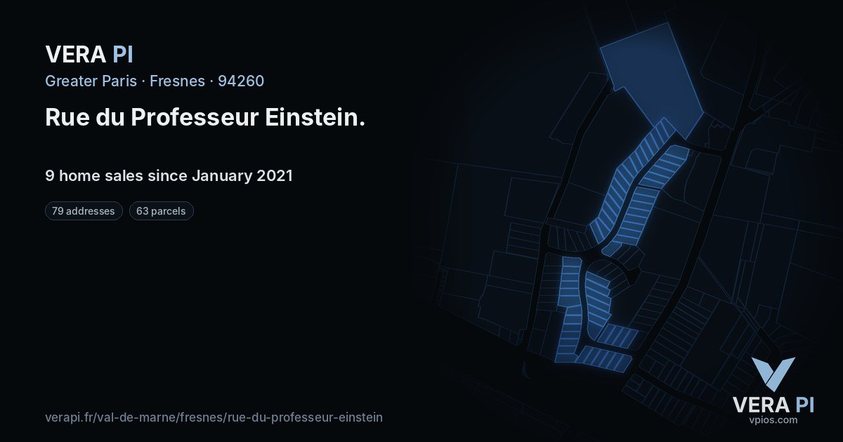 Rue du Professeur Einstein, Fresnes at night – every parcel coloured by the prices around it, the street's own parcels lit