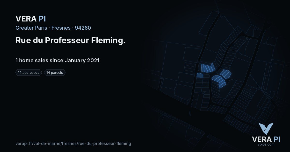 Rue du Professeur Fleming, Fresnes at night – every parcel coloured by the prices around it, the street's own parcels lit