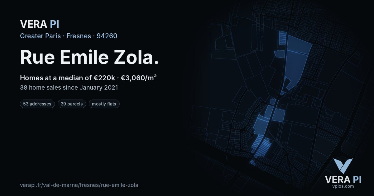 Rue Emile Zola, Fresnes at night – every parcel coloured by the prices around it, the street's own parcels lit