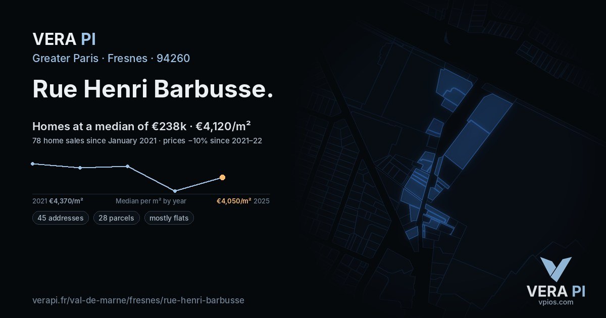 Rue Henri Barbusse, Fresnes at night – every parcel coloured by the prices around it, the street's own parcels lit