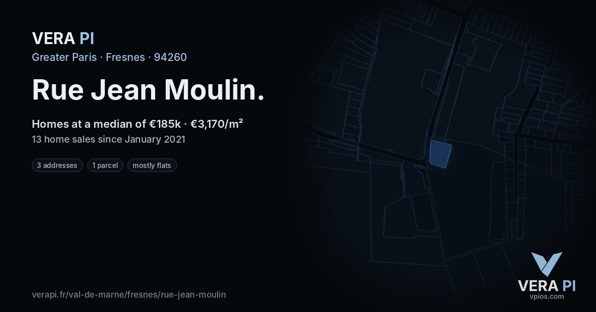Rue Jean Moulin, Fresnes at night – every parcel coloured by the prices around it, the street's own parcels lit