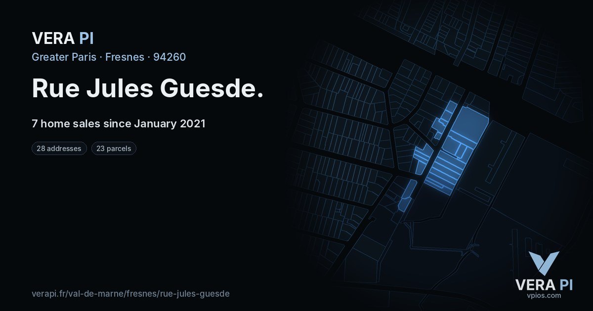 Rue Jules Guesde, Fresnes at night – every parcel coloured by the prices around it, the street's own parcels lit