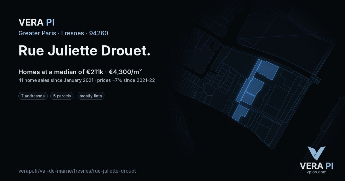 Rue Juliette Drouet, Fresnes at night – every parcel coloured by the prices around it, the street's own parcels lit