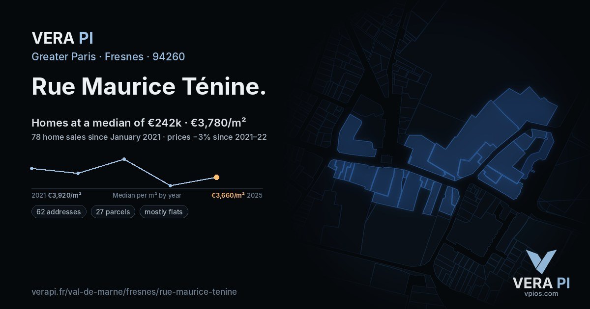 Rue Maurice Ténine, Fresnes at night – every parcel coloured by the prices around it, the street's own parcels lit