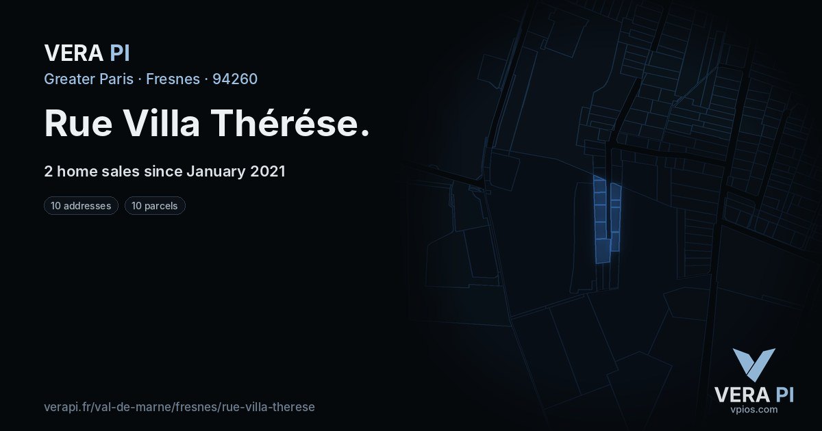 Rue Villa Thérése, Fresnes at night – every parcel coloured by the prices around it, the street's own parcels lit