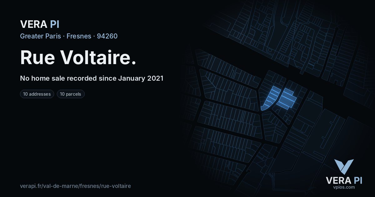 Rue Voltaire, Fresnes at night – every parcel coloured by the prices around it, the street's own parcels lit