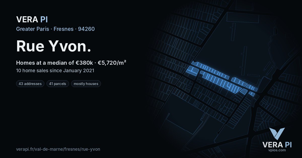 Rue Yvon, Fresnes at night – every parcel coloured by the prices around it, the street's own parcels lit