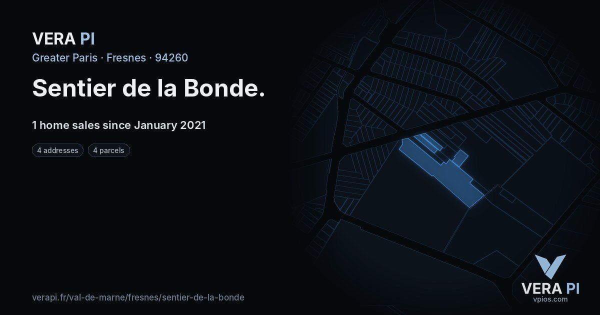 Sentier de la Bonde, Fresnes at night – every parcel coloured by the prices around it, the street's own parcels lit