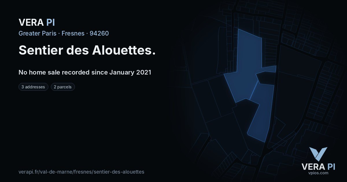 Sentier des Alouettes, Fresnes at night – every parcel coloured by the prices around it, the street's own parcels lit