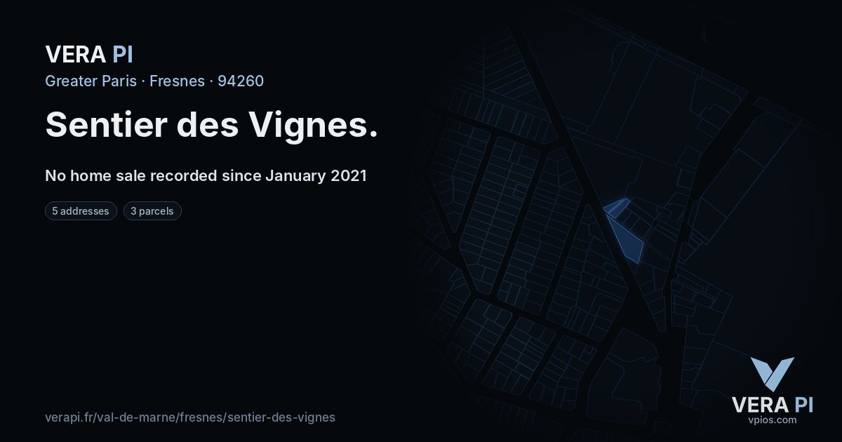 Sentier des Vignes, Fresnes at night – every parcel coloured by the prices around it, the street's own parcels lit