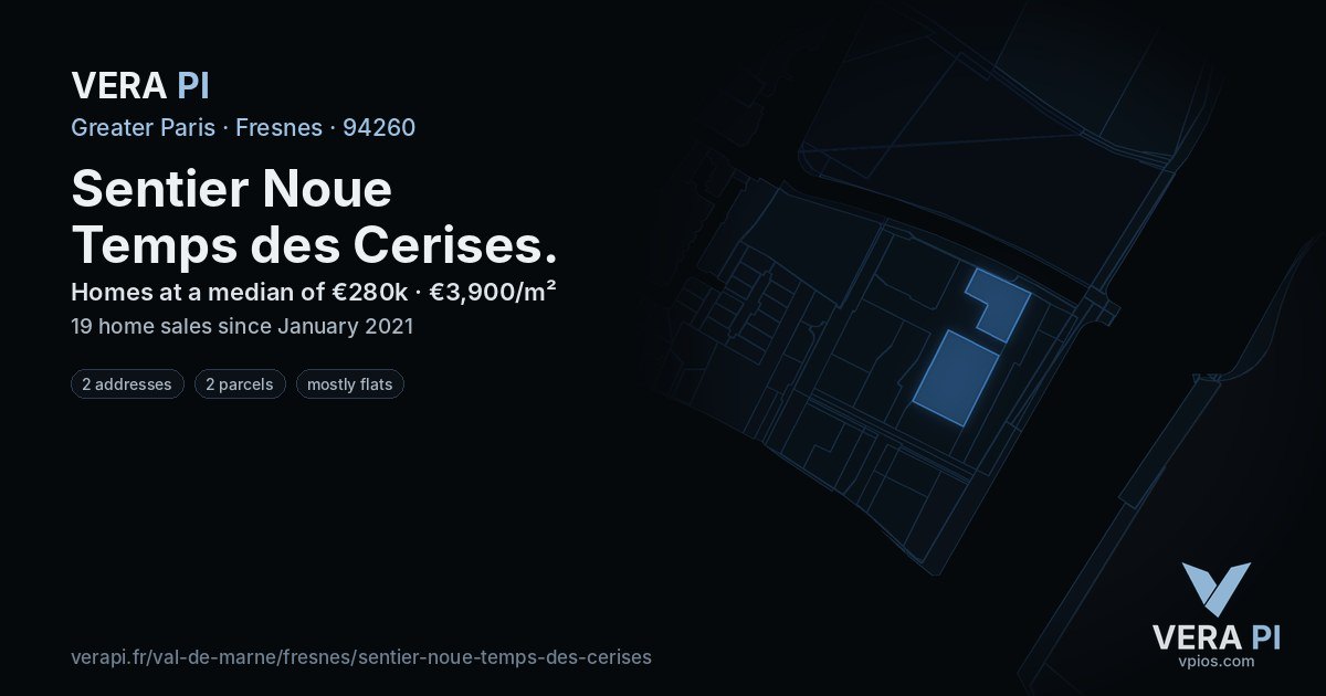Sentier Noue Temps des Cerises, Fresnes at night – every parcel coloured by the prices around it, the street's own parcels lit