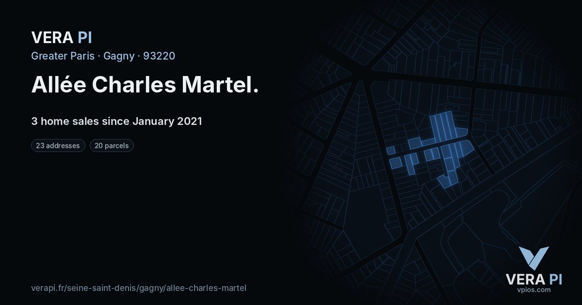 Allée Charles Martel, Gagny at night – every parcel coloured by the prices around it, the street's own parcels lit