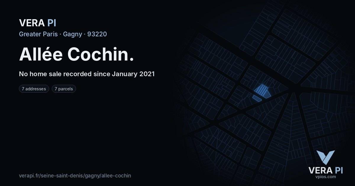 Allée Cochin, Gagny at night – every parcel coloured by the prices around it, the street's own parcels lit