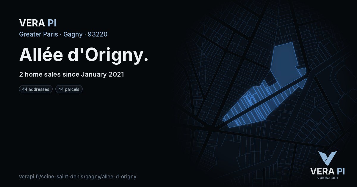 Allée d'Origny, Gagny at night – every parcel coloured by the prices around it, the street's own parcels lit