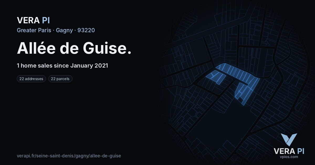 Allée de Guise, Gagny at night – every parcel coloured by the prices around it, the street's own parcels lit