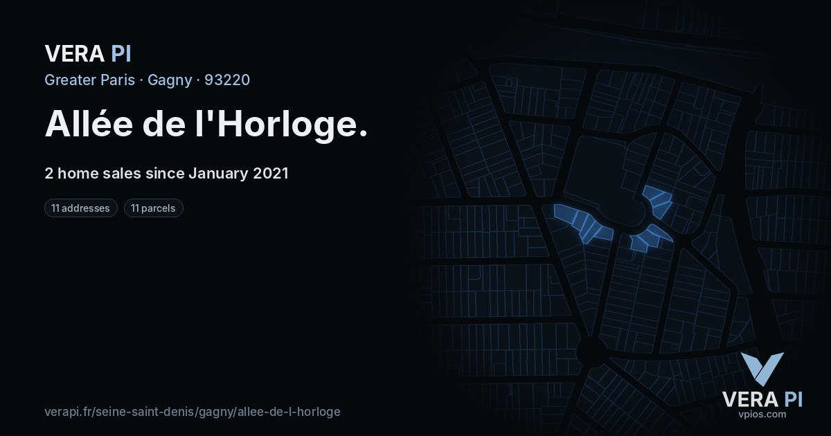 Allée de l'Horloge, Gagny at night – every parcel coloured by the prices around it, the street's own parcels lit